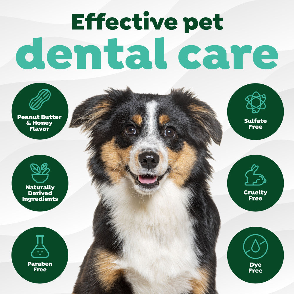 Fresh Breath Enticers Peanut Butter & Honey Tartar Control Dog Toothpaste by TropiClean. Dog with 'Effective pet dental care' text and icons on a white background