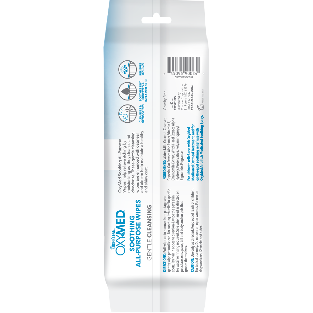 TropiClean OxyMed Soothing Relief Wipes for Pets, image of back of package