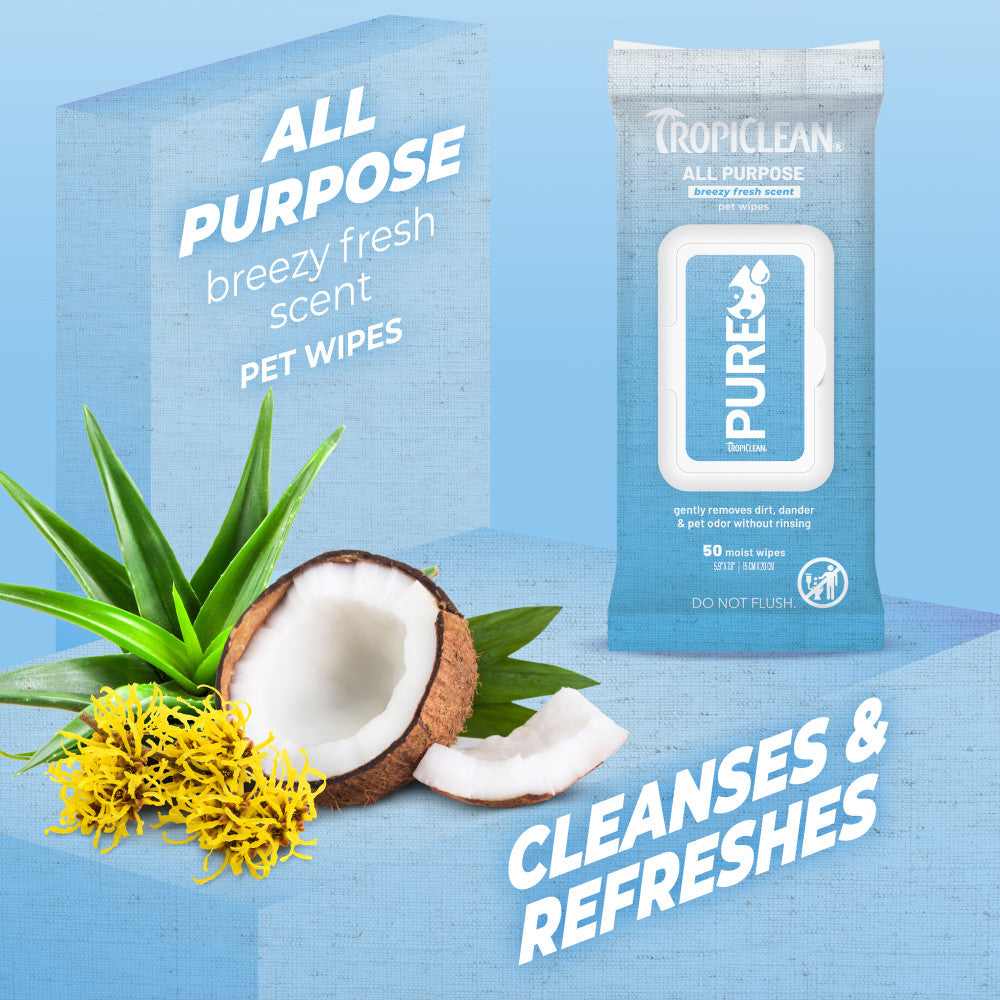 TropiClean PURE All Purpose Plant Based Wipes for Dogs & Cats with aloe vera and coconut on a blue background