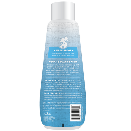 TropiClean PURE Breezy Fresh Deluxe 2-in-1 Plant-Based Dog Shampoo and Conditioner, back of 22z bottle