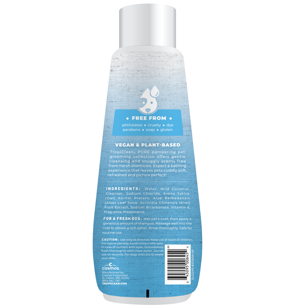 TropiClean PURE Breezy Fresh Deluxe 2-in-1 Plant-Based Dog Shampoo and Conditioner, back of 22z bottle