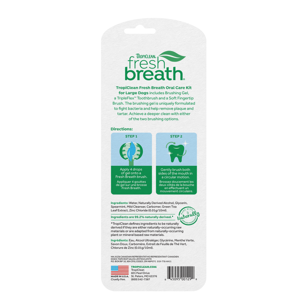 Fresh Breath by TropiClean Oral Care Kit for Large Dogs, image of back of package