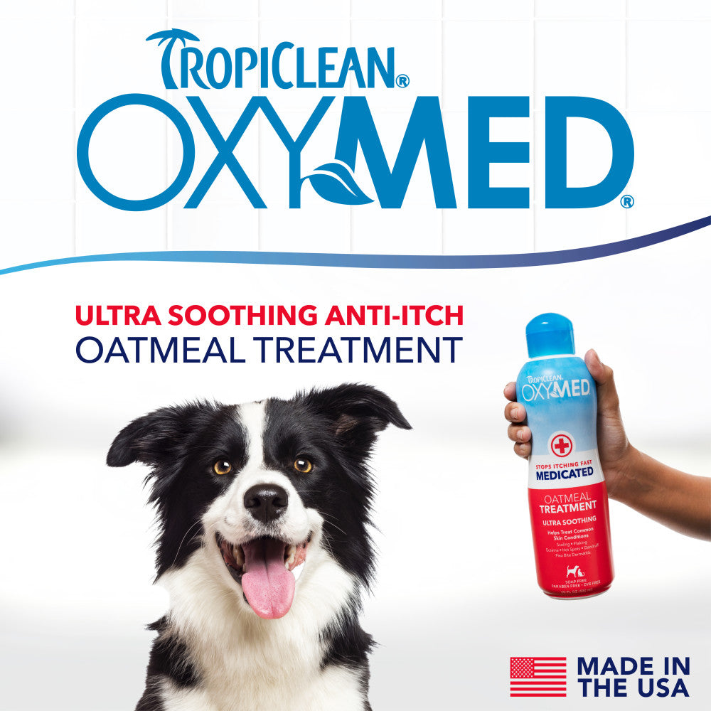 Tropiclean OxyMed oatmeal treatment for dogs with a dog and Medicated Anti Itch Treatment Rinse for Pets