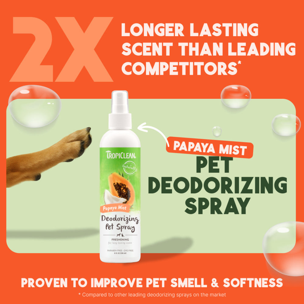 TropiClean Papaya Mist Deodorizing Pet Spray for Dogs & Cats, bottle with branding and product details on an orange background