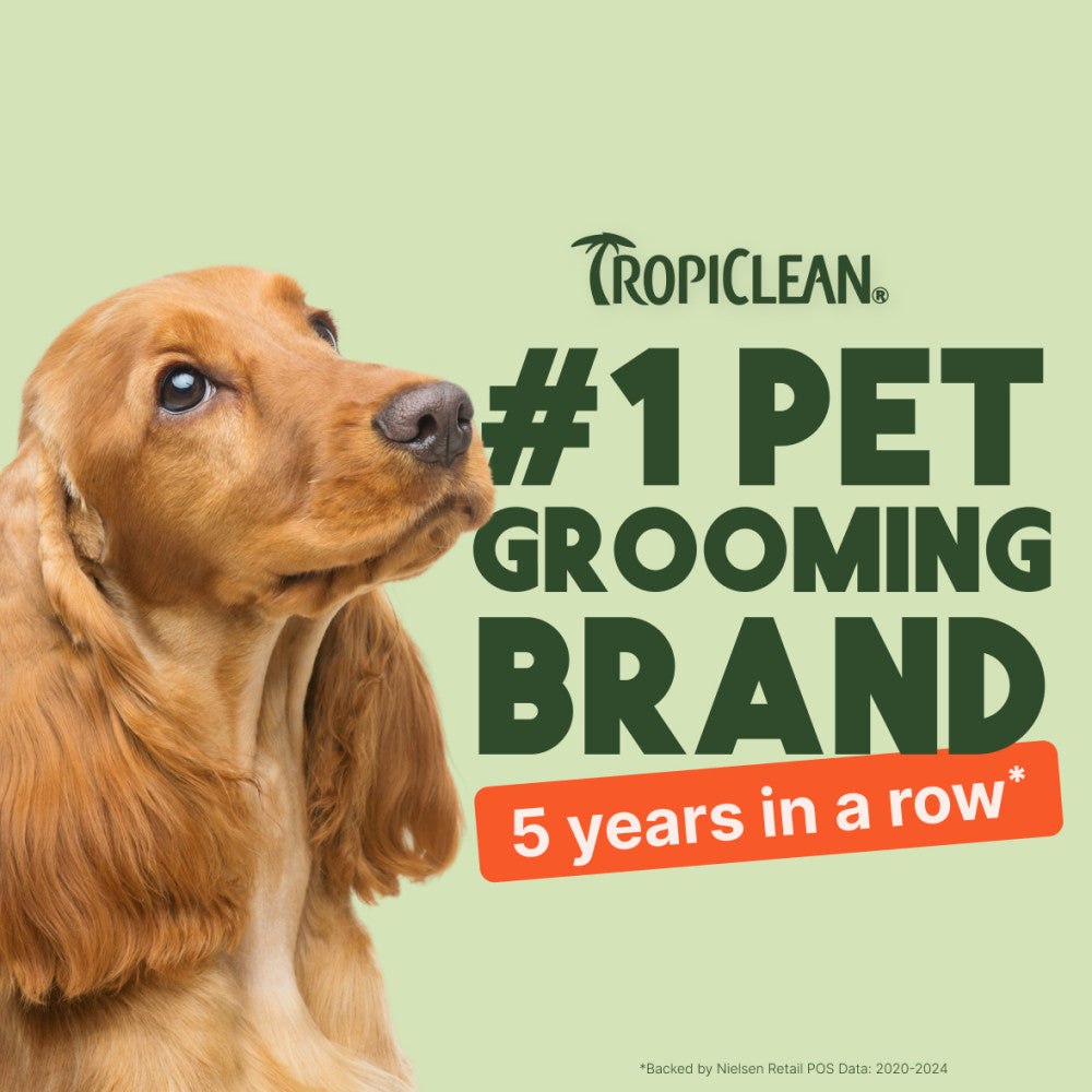 Dog with Tropiclean branding claiming to be #1 pet grooming brand for 5 years in a row
