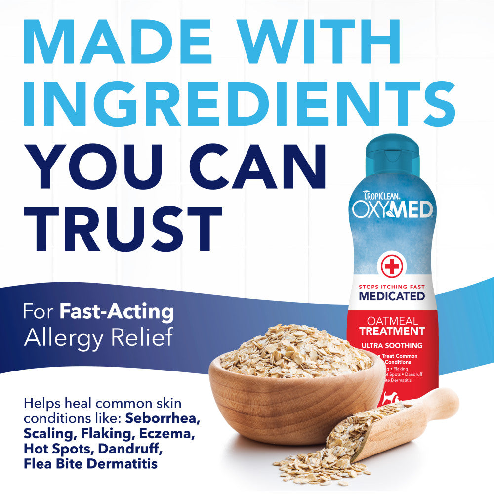 TropiClean OxyMed Medicated Anti Itch Treatment Rinse for Pets, ingredients for fast-acting allergy relief