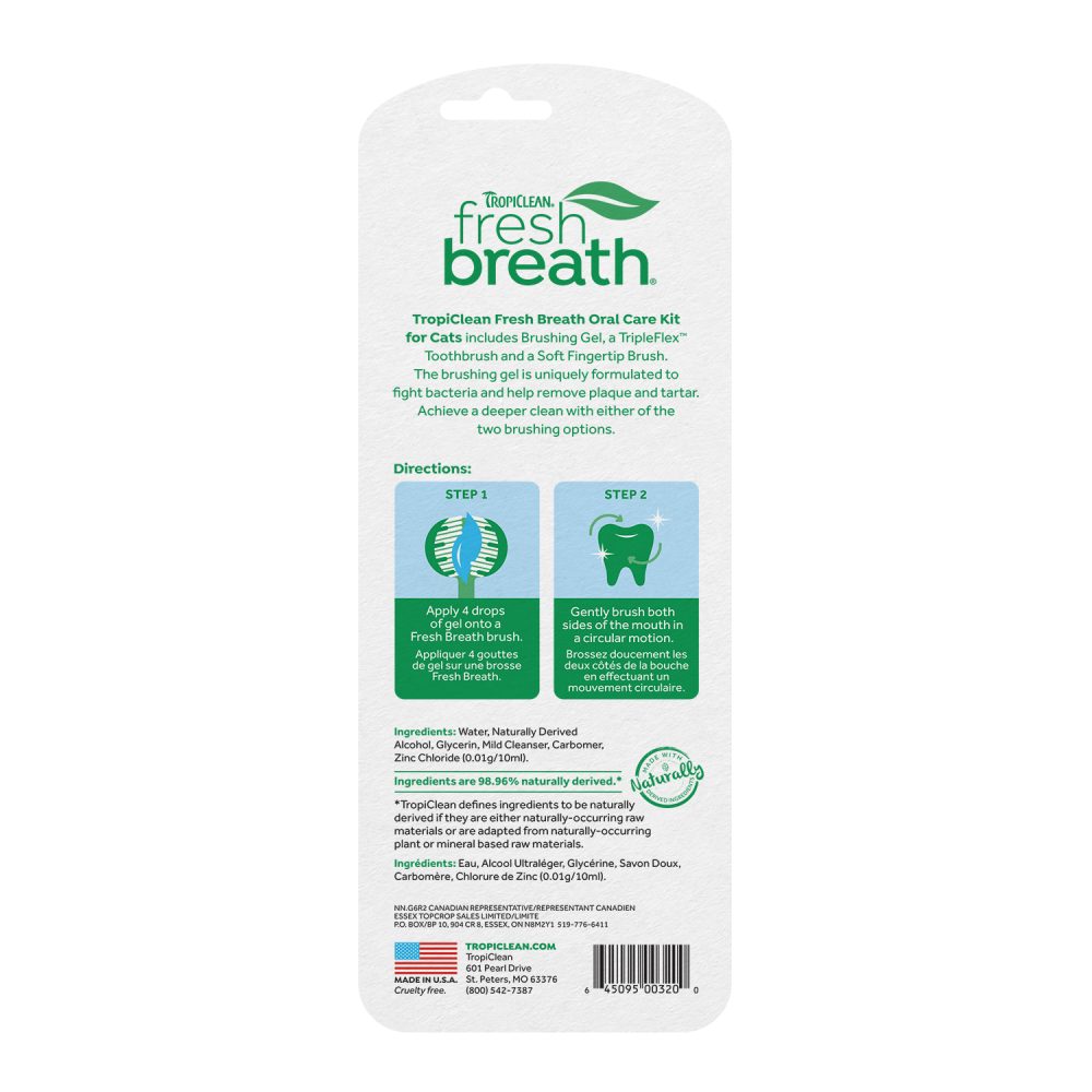 TropiClean Fresh Breath Plaque & Tartar Control Kit for Cats, back of packaged kit