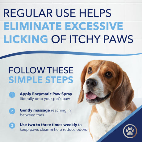 Dog with text about using TropiClean OxyMed Enzymatic Paw Odor and Itch Pet Spray to eliminate excessive licking of itchy paws.