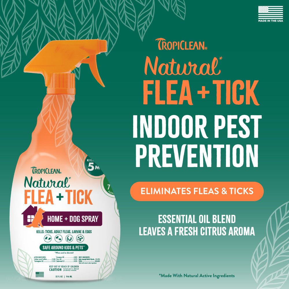 Tropiclean Natural Flea + Tick indoor pest prevention spray bottle on a green background with text.