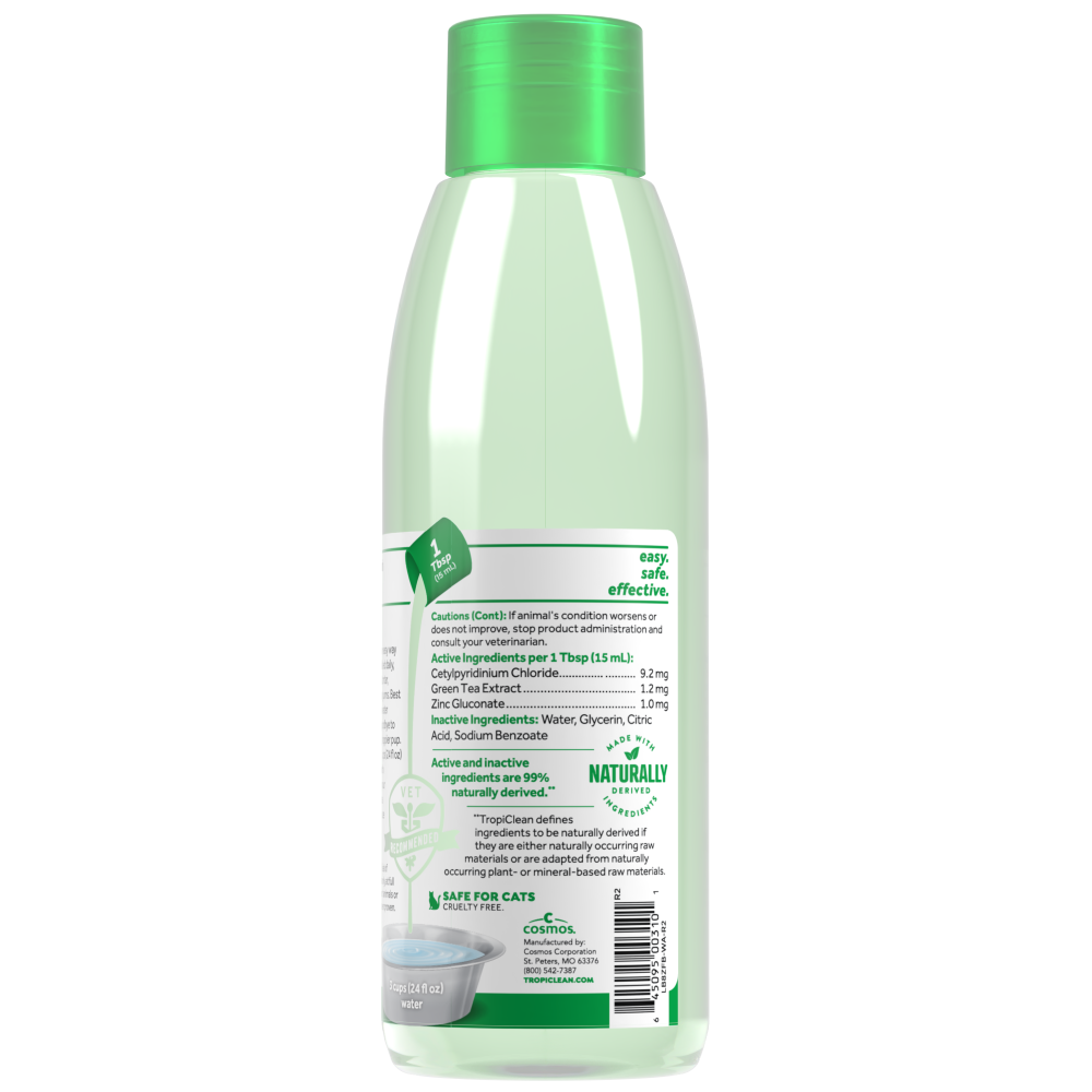 TropiClean Fresh Breath Oral Care Water Additive for Pets, back image of 8oz bottle