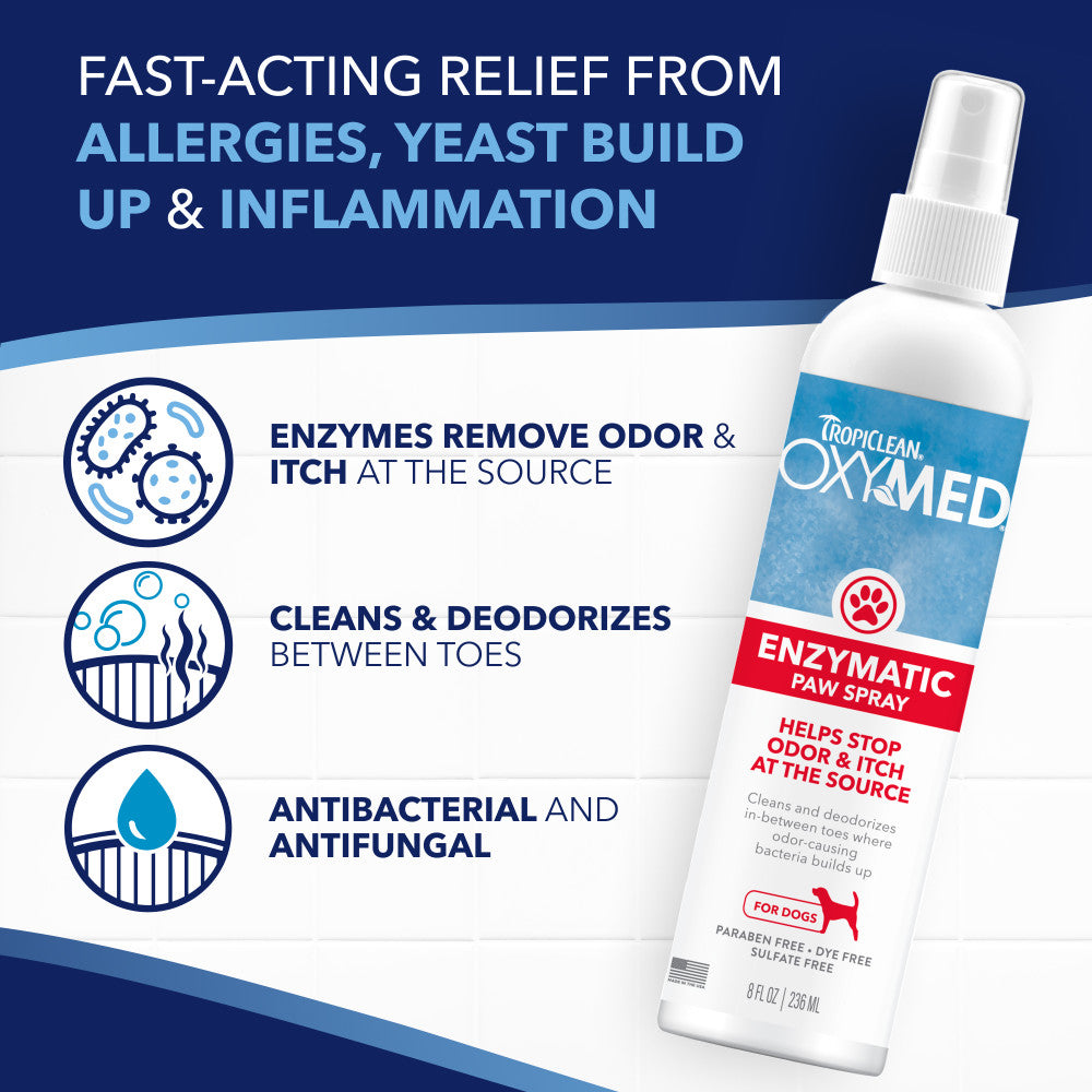 TropiClean OxyMed Enzymatic Paw Odor and Itch Pet Spray with product details on a blue and white background