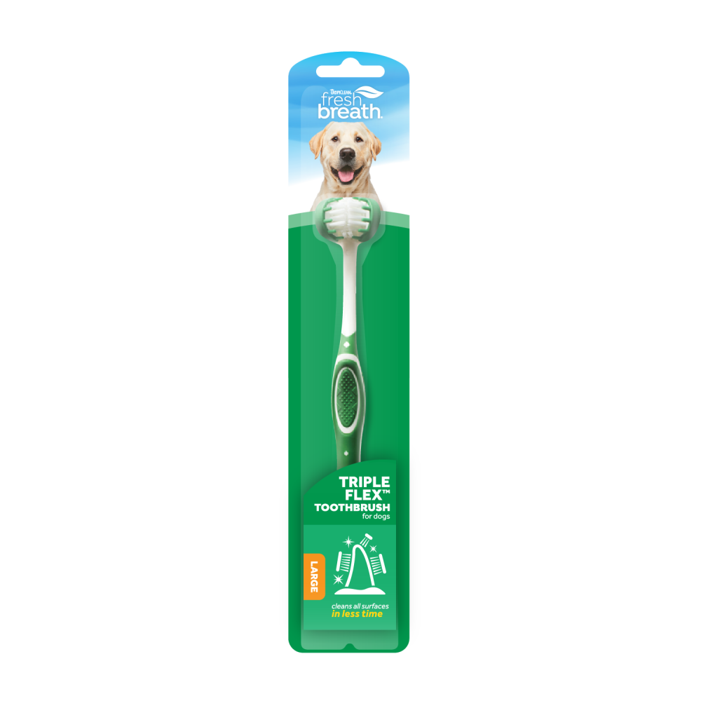 Large dog toothbrush with packaging featuring a happy dog on a white background, by TropiClean