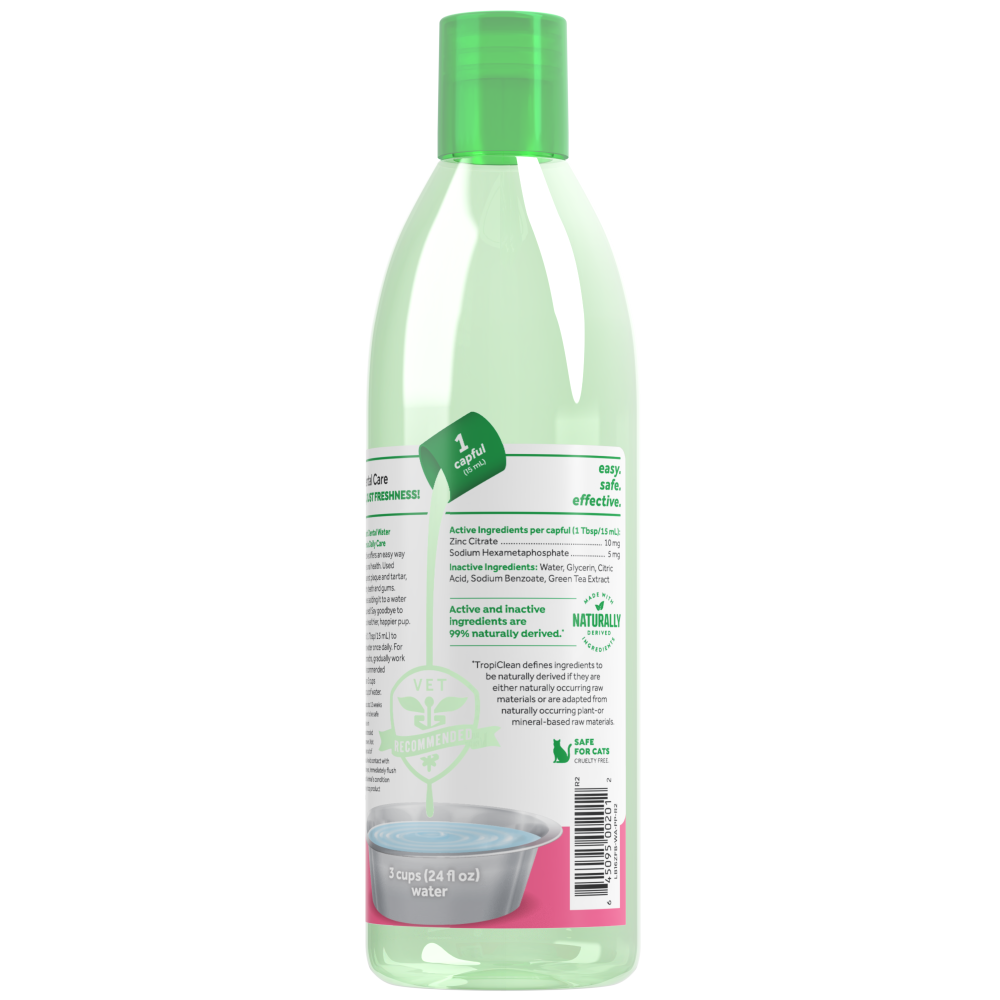 TropiClean Fresh Breath Oral Care Water Additive for Puppies, back view of 16oz bottle