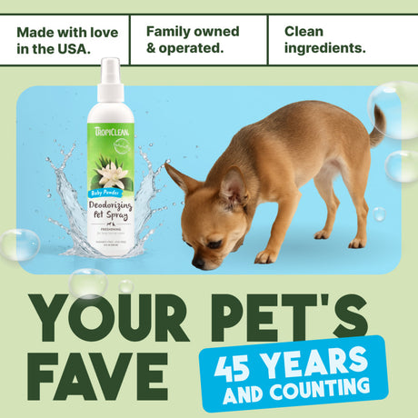 TropiClean Baby Powder Deodorizing Spray for Dogs & Cats with a dog and promotional text