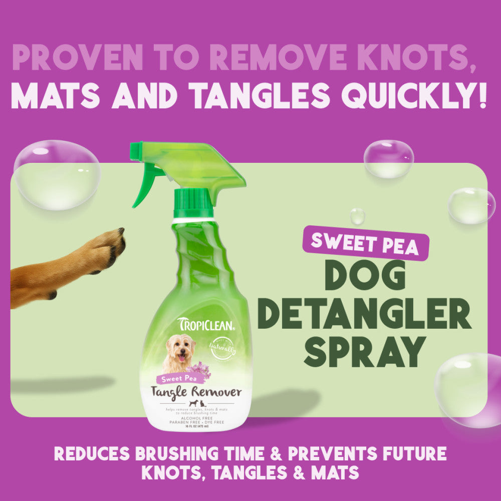 Tropiclean Sweet Pea Dog Detangler Spray bottle with promotional text on a purple background