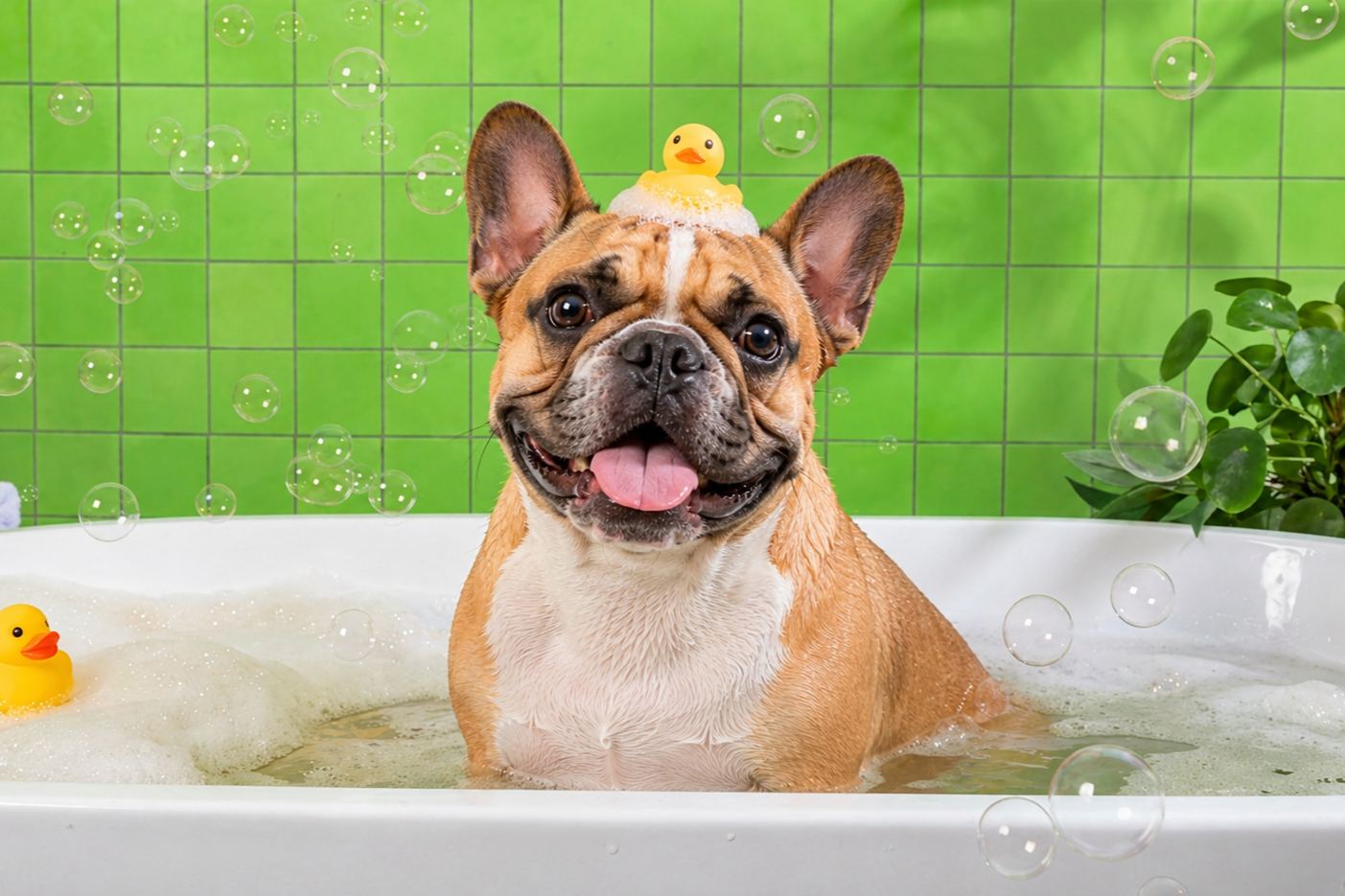 A happy French Bulldog sitting in a bubble bath with rubber duck toys, bath bubbles, and a bright green bathroom background.