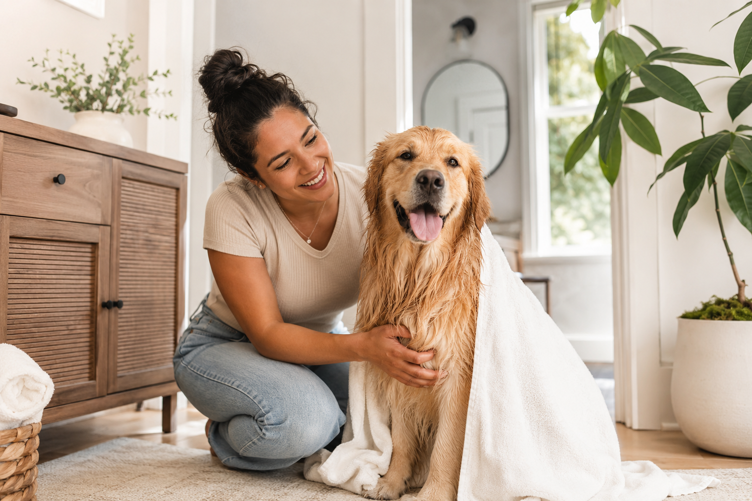 A smiling pet parent drying a freshly bathed Golden Retriever with a white towel in a bright home bathroom.