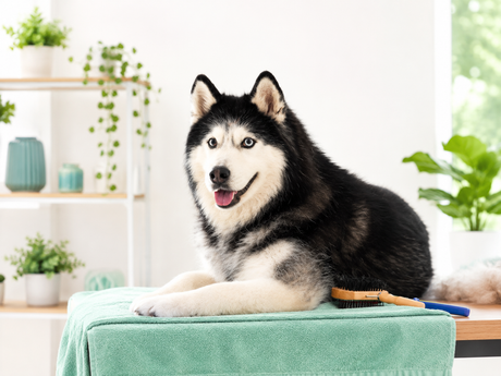 A happy Husky lying on a grooming table with a brush nearby, showing double-coat grooming and coat care.