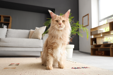 A long-haired orange cat sitting on a rug in a bright living room with plants and a couch in the background.