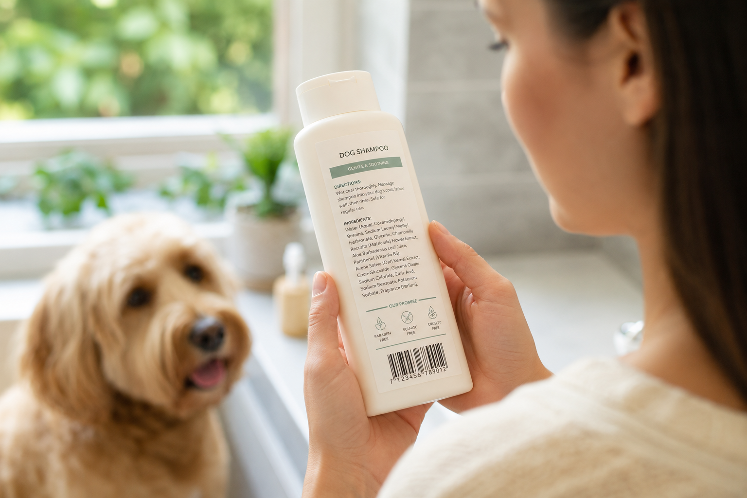 A pet parent reading the ingredient label on a dog shampoo bottle while a dog sits nearby in a bright bathroom setting.