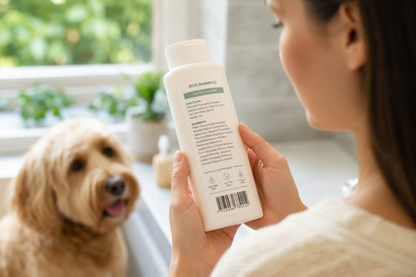 A pet parent reading the ingredient label on a dog shampoo bottle while a dog sits nearby in a bright bathroom setting.