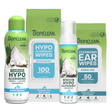 Tropiclean pet care products including shampoo, wipes, no rinse shampoo, and ear cleaner on a white background