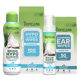 Tropiclean pet care products including shampoo, wipes, no rinse shampoo, and ear cleaner on a white background