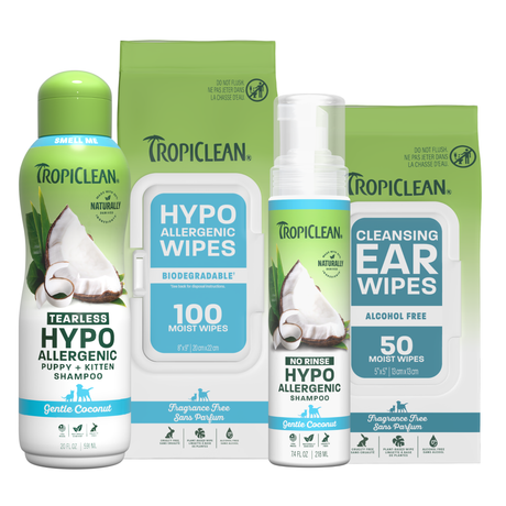 Tropiclean pet care products including shampoo, wipes, no rinse shampoo, and ear cleaner on a white background