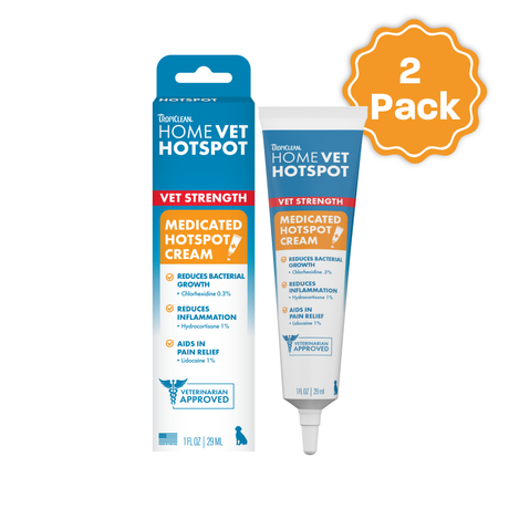 Tropiclean Home Vet Medicated Hotspot Cream for Pets packaging, value pack of 2.