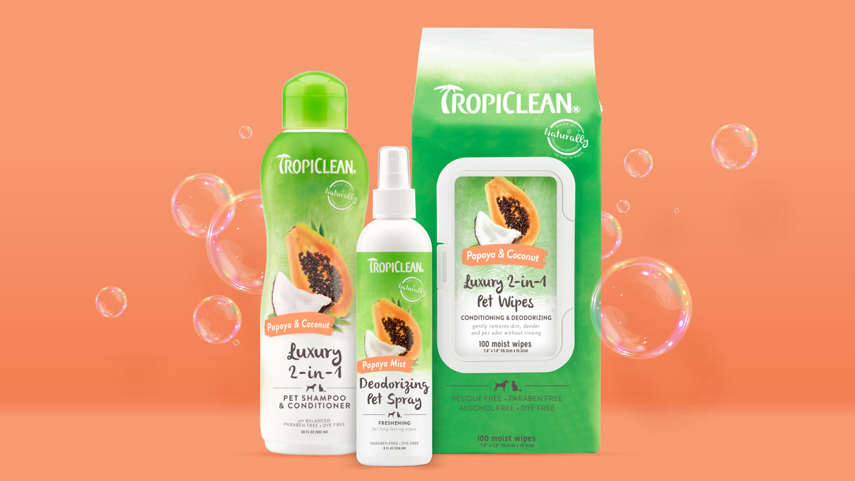 Tropiclean Papaya & Coconut pet care products with a pet shampoo bottle, a box of pet wipes, and a deodorizing spray bottle on an orange background with bubbles.