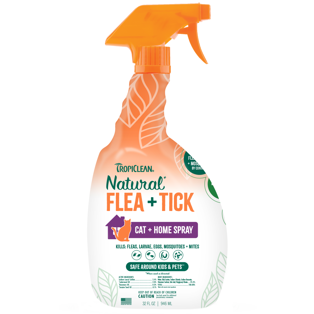 Tropiclean Natural Flea + Tick Cat + Home spray bottle on a white background