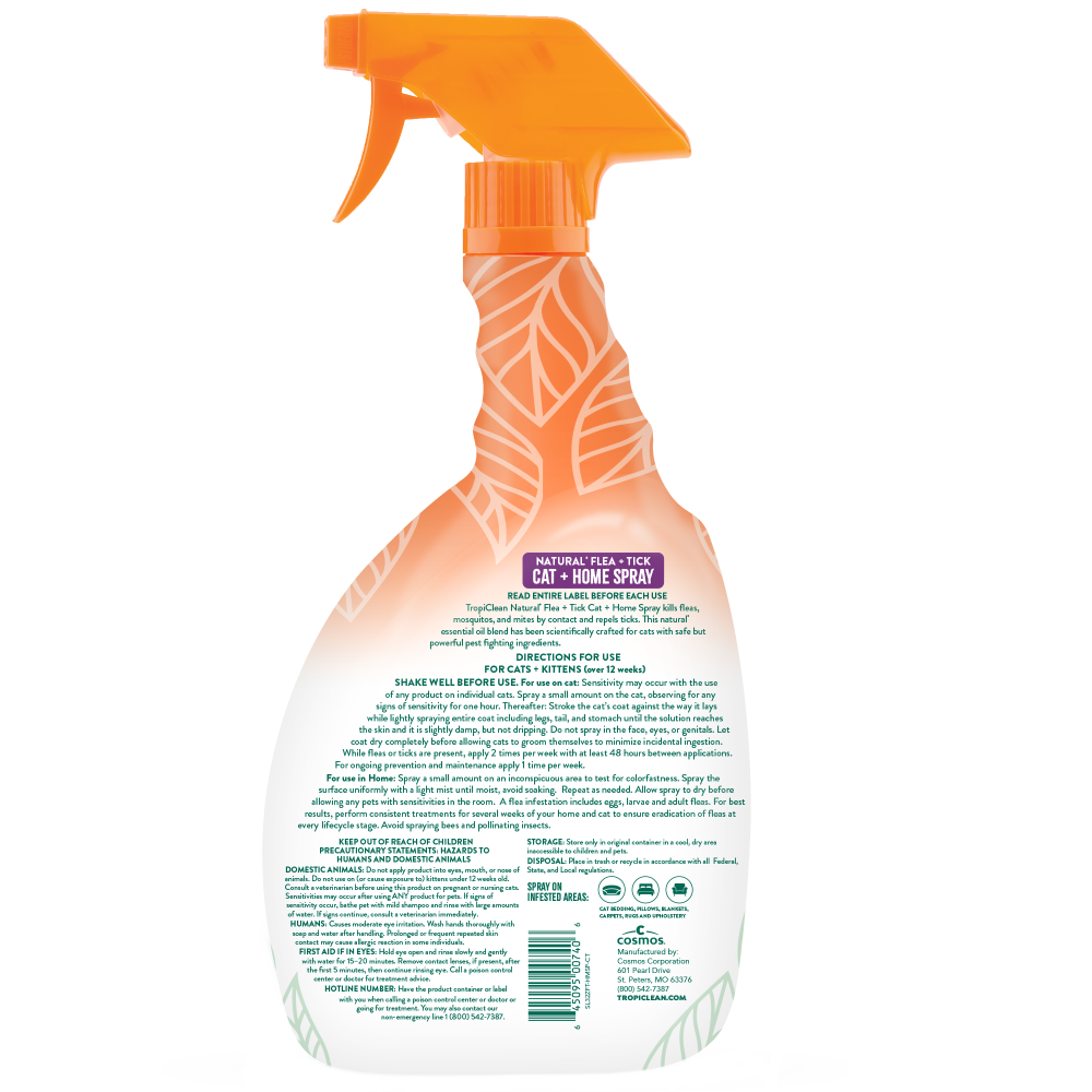 Natural Flea + Tick Cat + Home spray, back of the bottle on a white background