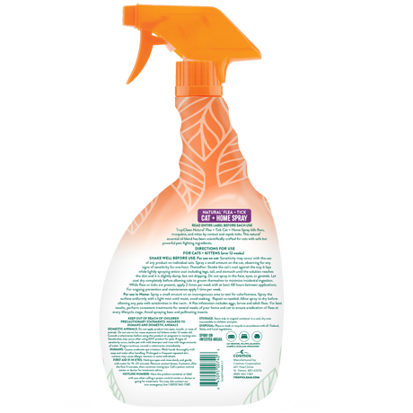 Natural Flea + Tick Cat + Home spray, back of the bottle on a white background
