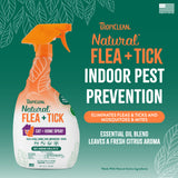 Tropiclean Natural Flea + Tick indoor pest prevention spray bottle on a green background with text.