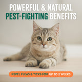 Cat lying on a surface with text about pest-fighting benefits and flea tick repellent.