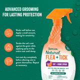 Tropiclean Natural Flea + Tick spray bottle with usage instructions on a green background