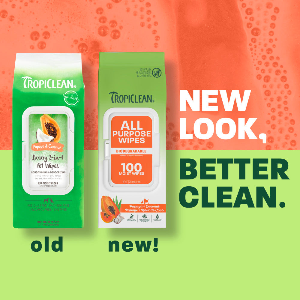 Old vs new look TropiClean papaya wipes.