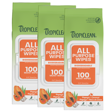 Three packages of Tropiclean All Purpose Wipes on a white background