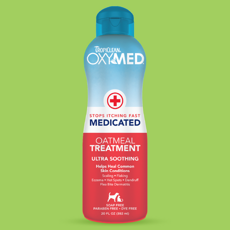 TropiClean OxyMed Medicated Soothing Anti-Itch Pet Shampoo, image of bottle on a green background