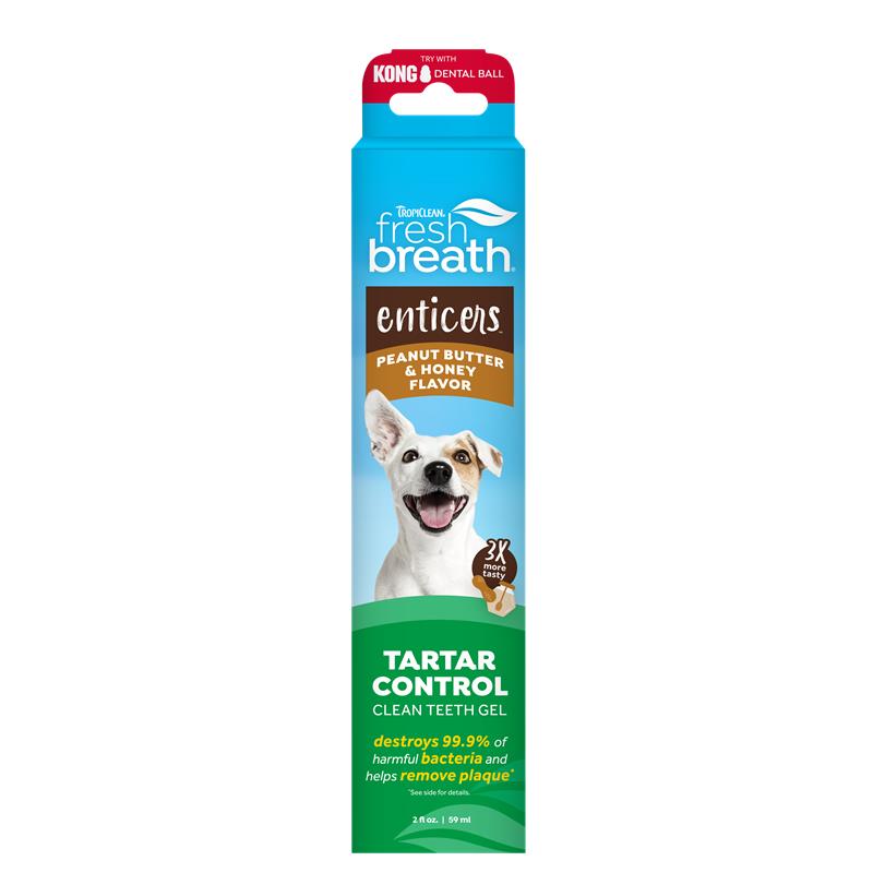 Fresh Breath Enticers Peanut Butter & Honey Tartar Control Dog Toothpaste by TropiClean, front of 2oz package.