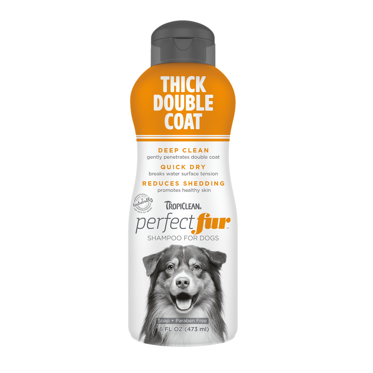 TropiClean Perfect Fur Thick Double Coat Shampoo for Dogs, front of 16 oz bottle