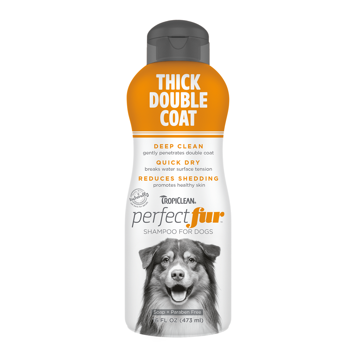 TropiClean Perfect Fur Thick Double Coat Shampoo for Dogs, front of 16 oz bottle