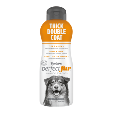 TropiClean Perfect Fur Thick Double Coat Shampoo for Dogs, front of 16 oz bottle