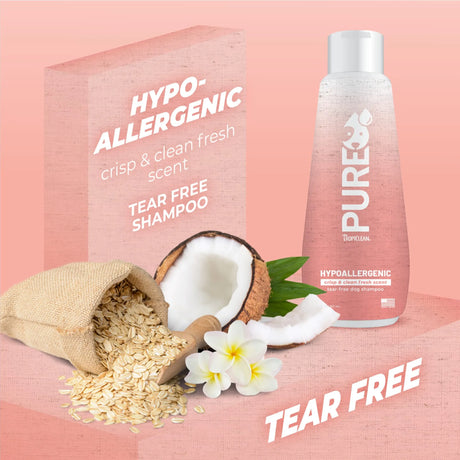 TropiClean PURE Crisp & Clean Fresh Hypoallergenic Plant Based Dog Shampoo, product with coconut, oats, and flowers on a pink background