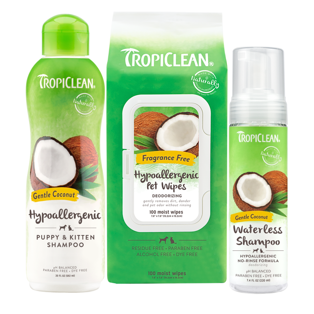 TropiClean Hypoallergenic Pet Grooming 3 Kit. Tropiclean pet care bundle including shampoo, wipes, and waterless shampoo on a white background