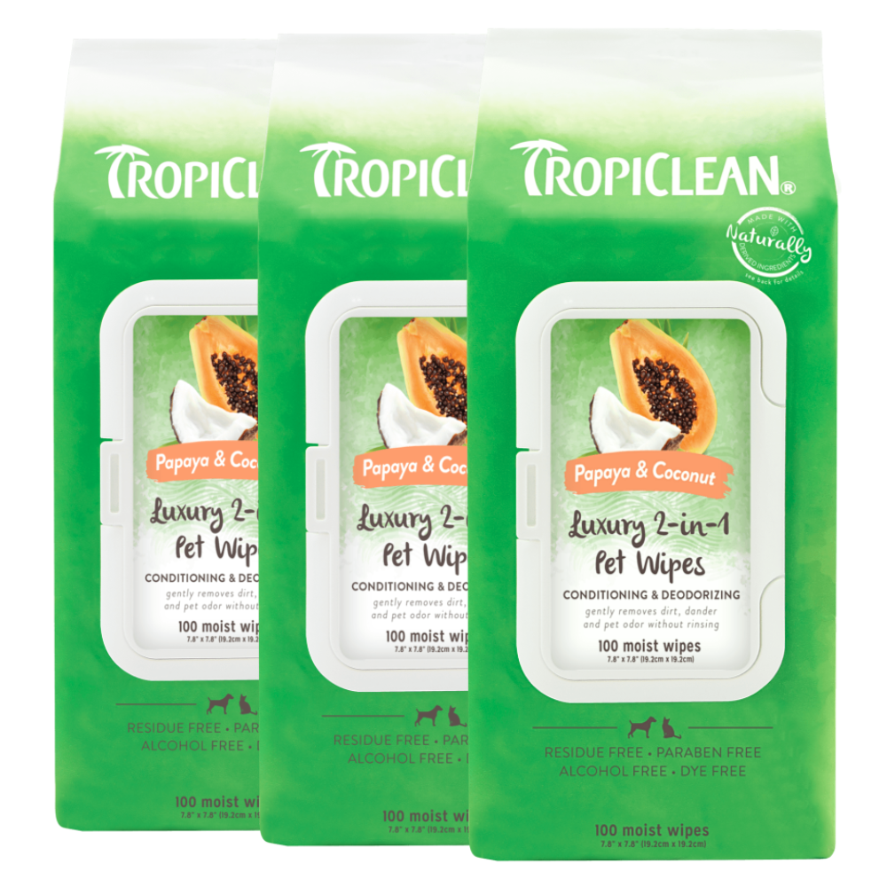 TropiClean Papaya & Coconut Luxury 2-In-1 Pet Wipes 3 Kit. Three packages of Tropiclean Papaya & Coconut Luxury 2-in-1 Pet Wipes on a white background.