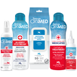 TropiClean OxyMed Itch Relief Dog Grooming 5 Kit. TropiClean OXYMED pet care products including shampoo, rinse, paw spray, wipes, and ear spray on a white background