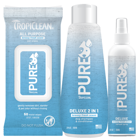 TropiClean PURE Breezy Fresh Plant-Based Dog Grooming 3 Bundle, front of packages