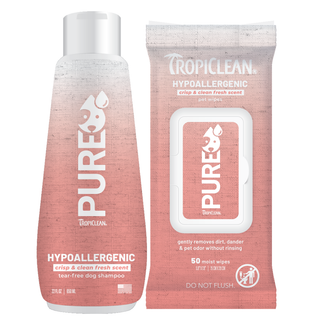 TropicClean Pure hypoallergenic dog plant based shampoo bottle and wipes on a white background