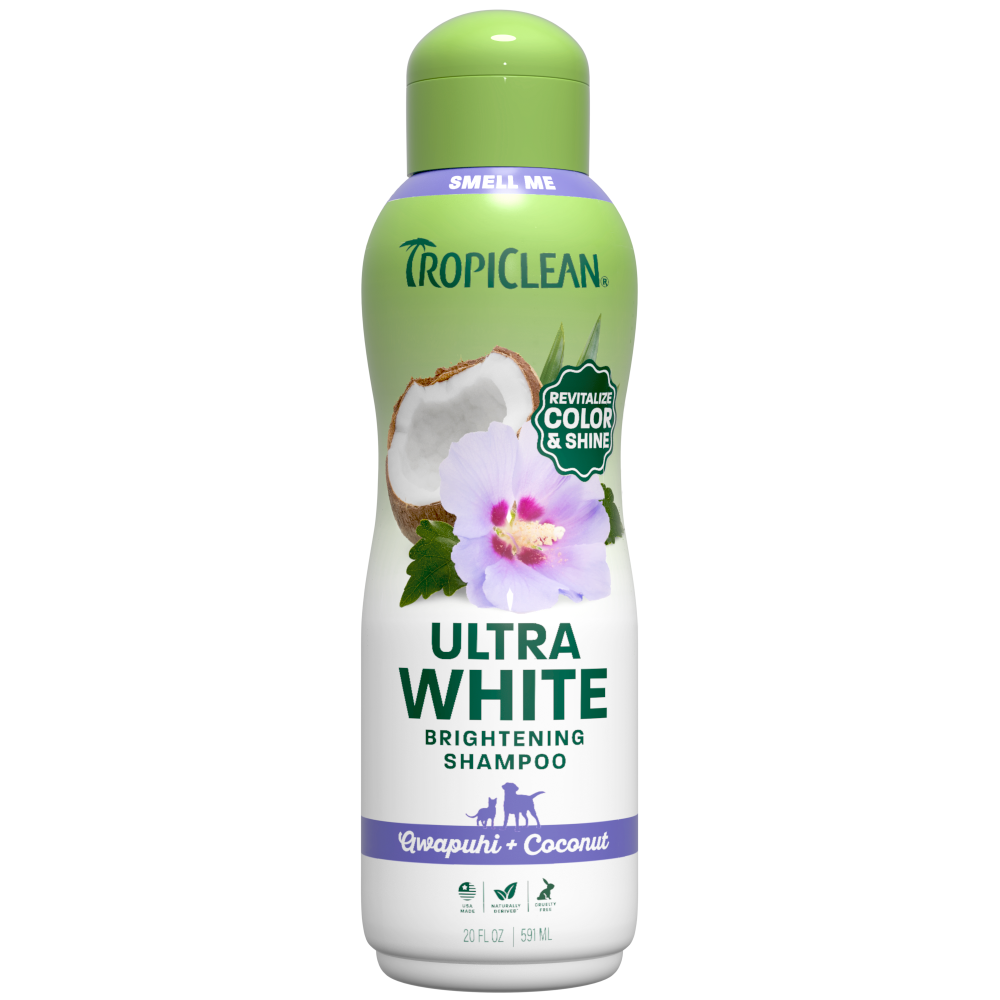 Tropiclean Ultra White Brightening Shampoo bottle on a white background